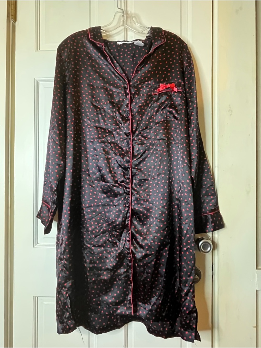 Women's Black Satin Polka Dot Nightshirt with Red Trim